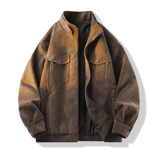 Herren Vintage-Optik Wildlederjacke mit Stehkragen, Utility-Taschen und Reißverschluss Nord Taschen