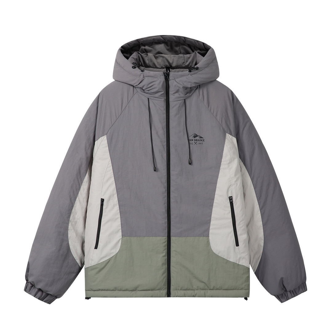 Unisex Boxy Colorblock Kapuzenpufferjacke mit winddichter Hülle und Reißverschlusstaschen Nord Taschen