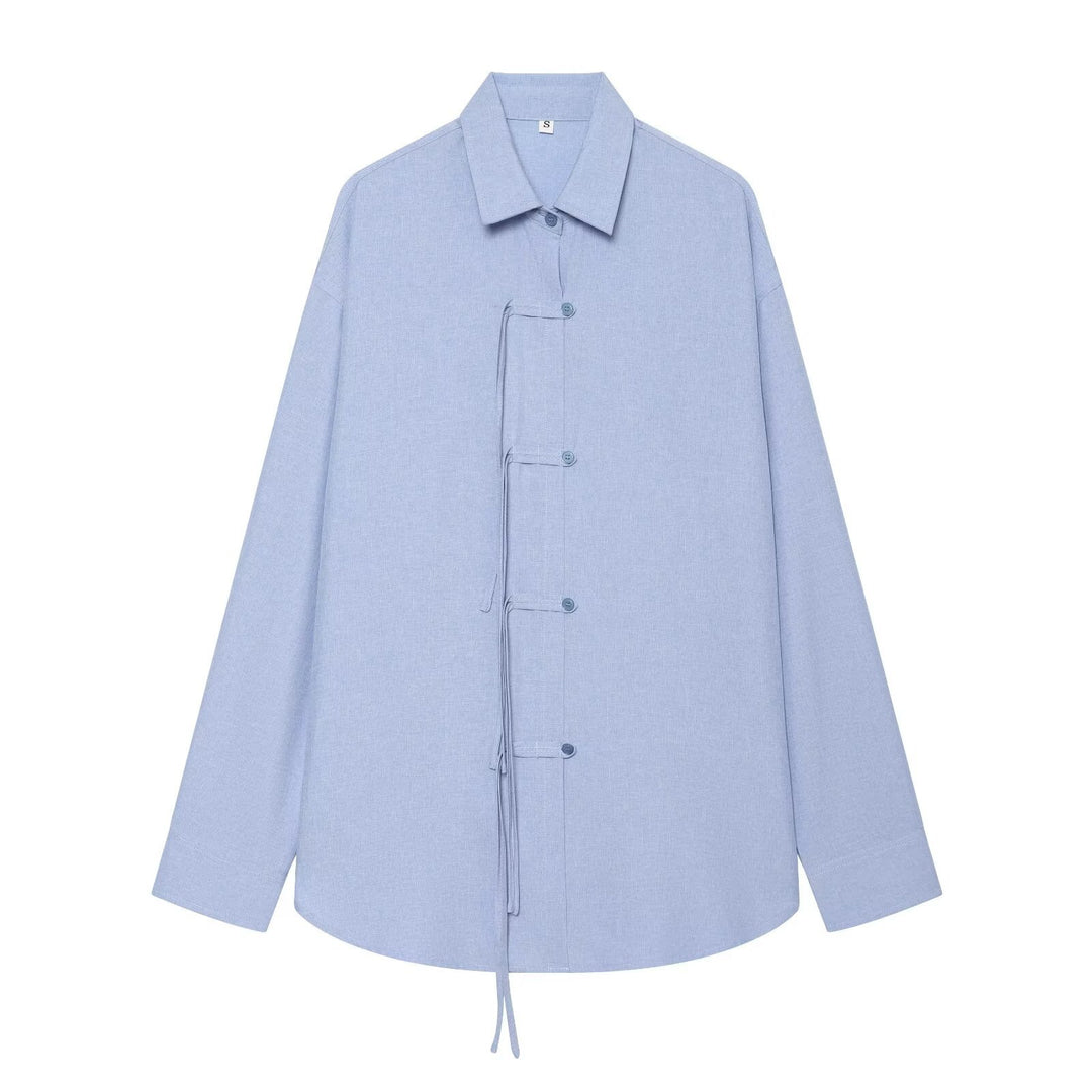 Damen Oversize-Hemdjacke mit Tunnelzug, Zierknotenverschluss und Hemdkragen Nord Taschen