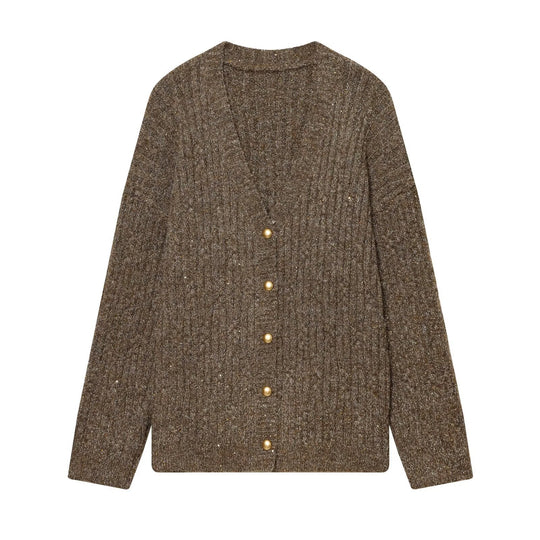 Damen Grobgestrickter V‑Neck Cardigan mit Perlmuttknöpfen und melierter Tweedoptik Nord Taschen