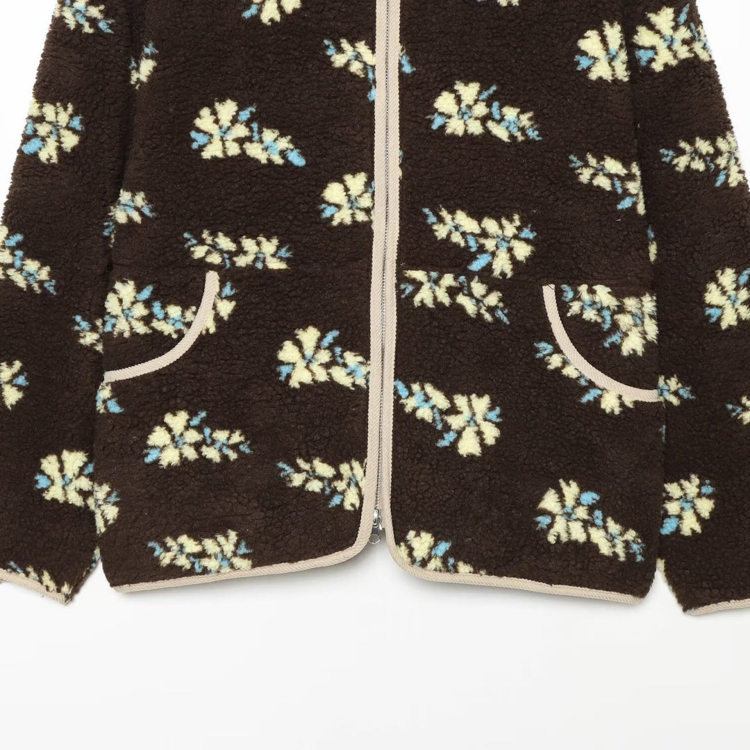 Damen Teddy-Fleecejacke mit floralem Allover‑Muster, Stehkragen und Reißverschluss Nord Taschen