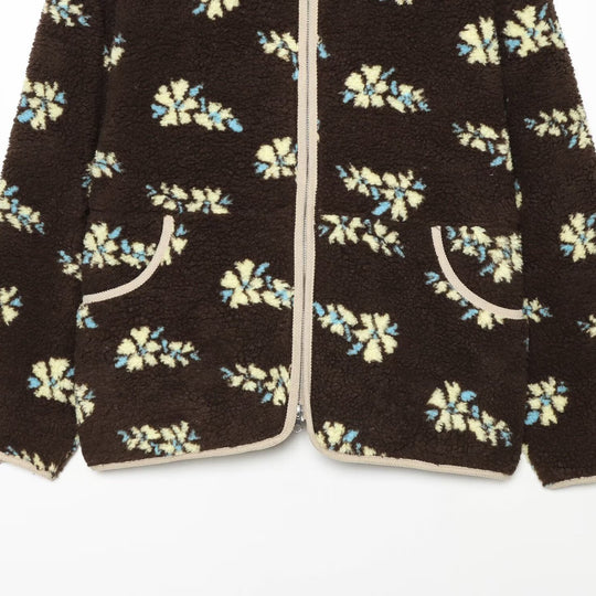 Damen Teddy-Fleecejacke mit floralem Allover‑Muster, Stehkragen und Reißverschluss Nord Taschen