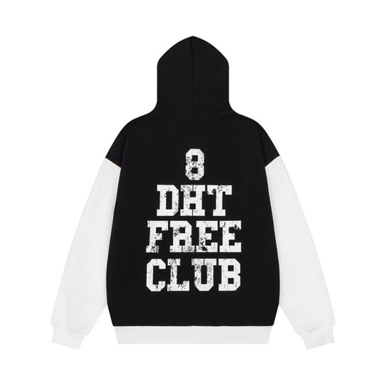 Damen Kapuzen-Sweatshirt im College-Style mit Kontrastärmeln, Kängurutasche und Vintage-Print Nord Taschen
