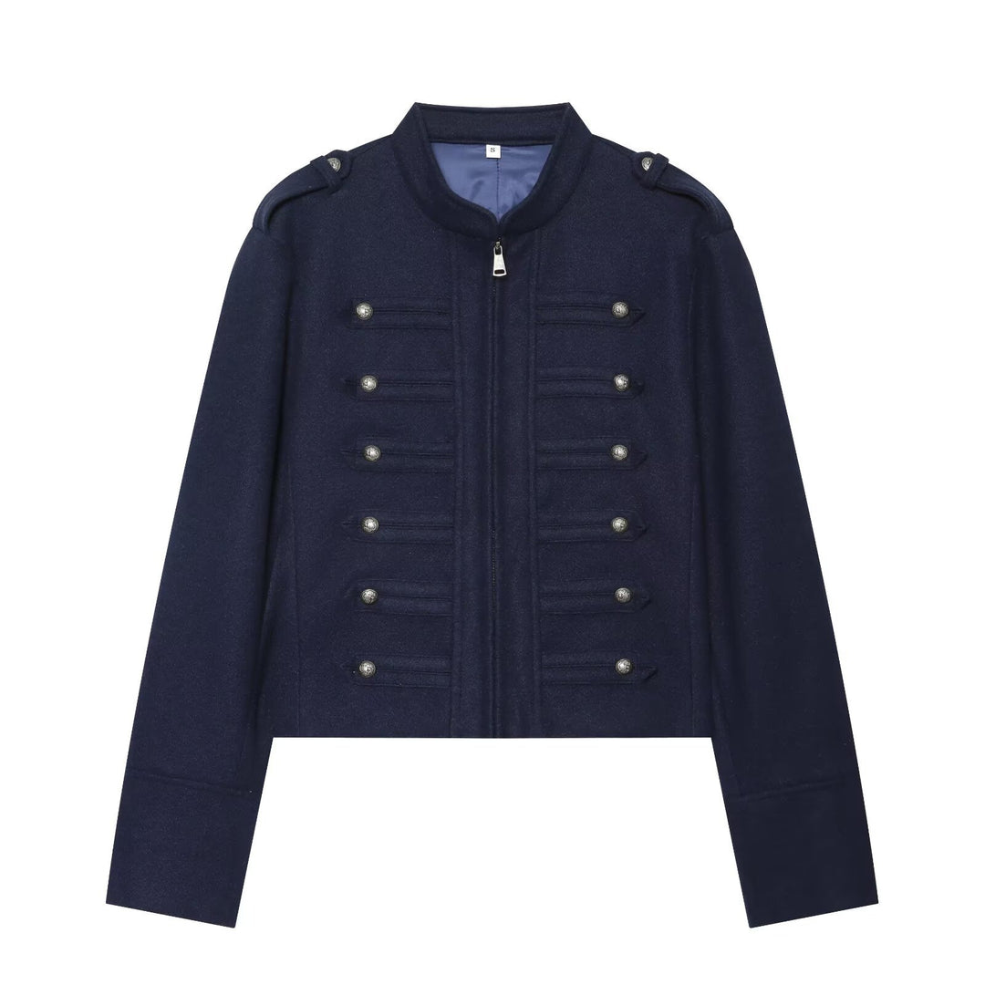 Damen Kurzjacke Military-inspirierte Wollmix‑Cropped Jacke mit Stehkragen, Epauletten und Zierknopfleiste Nord Taschen