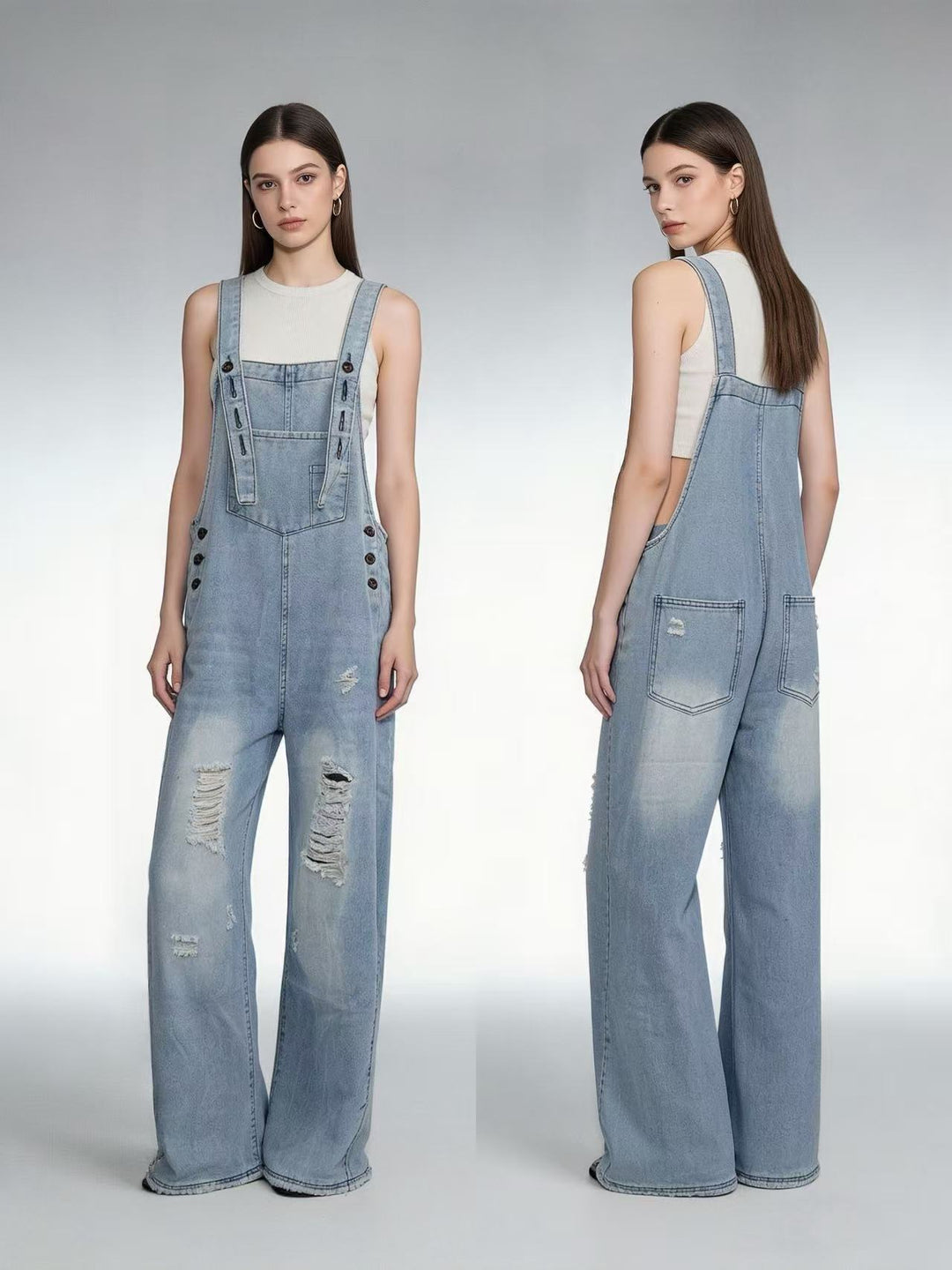 Damen moderne Baggy-Latzhose aus pigmentgefärbtem Stretch-Denim mit verstellbaren Trägern und sichtbaren Rissen Nord Taschen