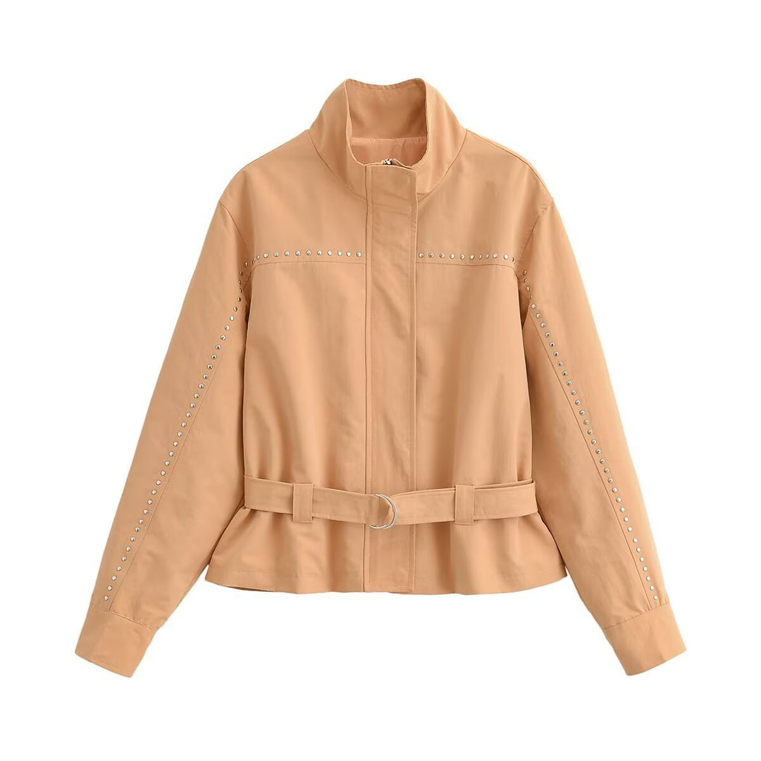 Damen Kurzjacke mit Nietenbesatz, Stehkragen und Taillengürtel Nord Taschen