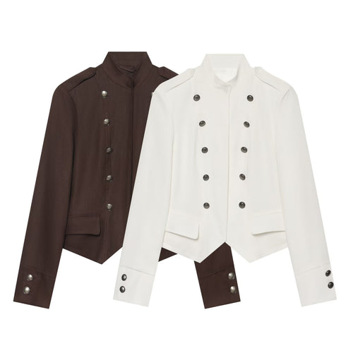 Damen Kurze militärisch-inspirierte Doppelreihige Jacke mit Stehkragen und Pattentaschen Nord Taschen
