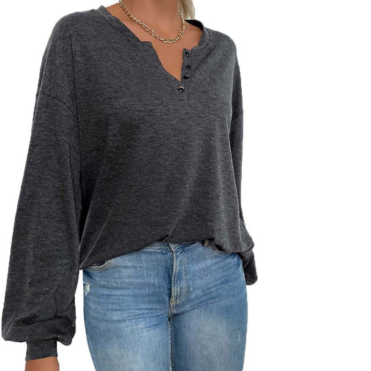 Damen lässiges Oversize-Henley-Longsleeve mit V-Knopfleiste und Ballonärmeln Nord Taschen