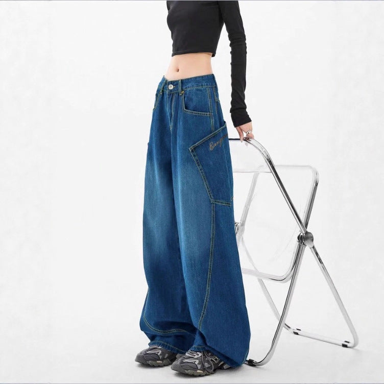 Damen Weite High-Waist Balloon-Jeans mit Utility-Taschen und kontrastierenden Nähten Nord Taschen
