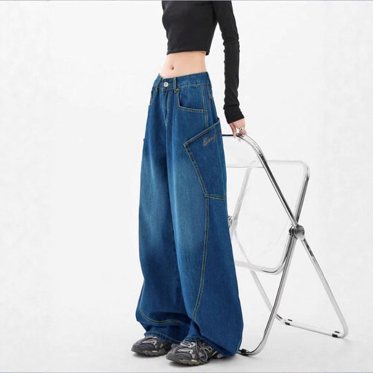 Damen Weite High-Waist Balloon-Jeans mit Utility-Taschen und kontrastierenden Nähten Nord Taschen