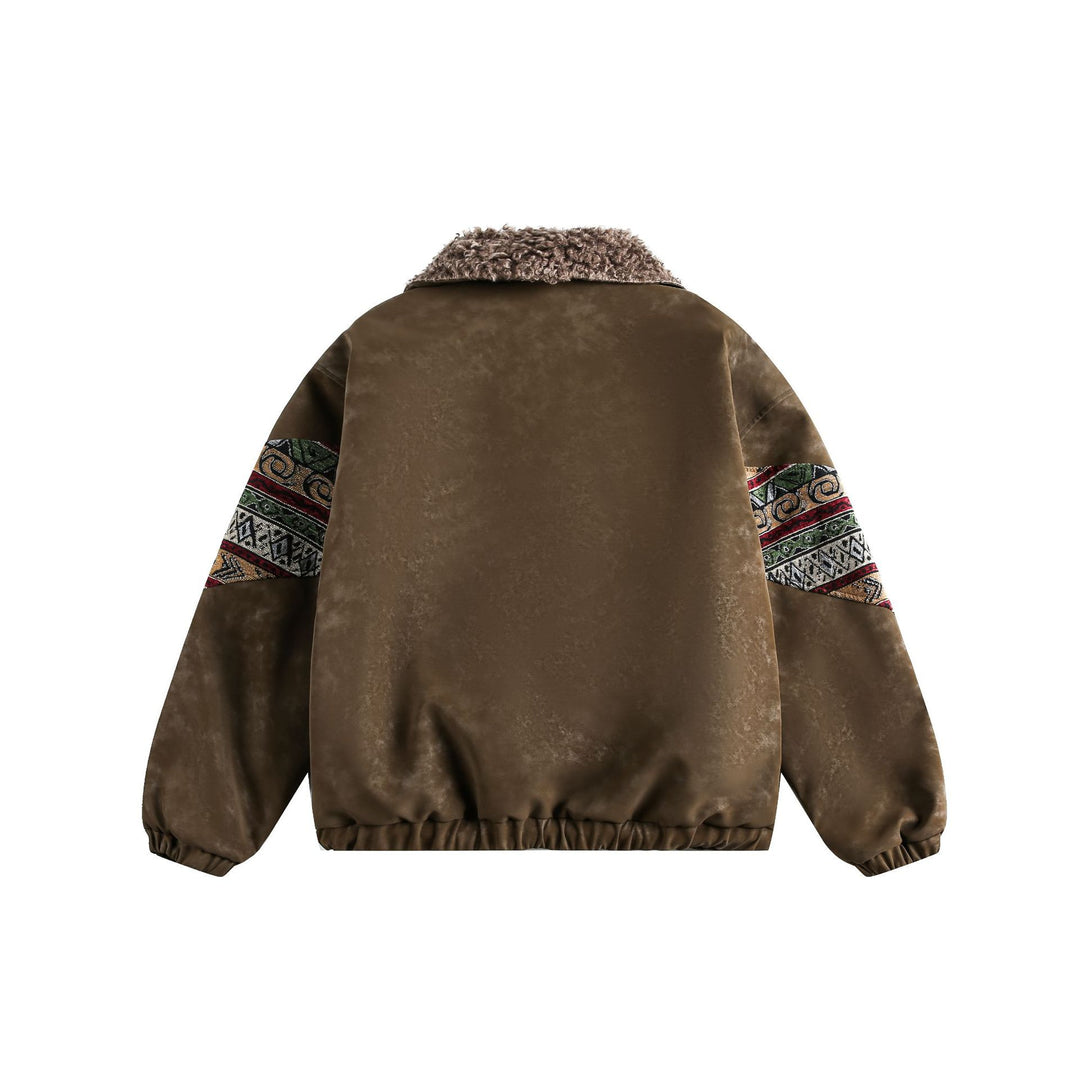Damen Kurzer Suede-Bomber mit Kunstfellkragen und Ethno-Webeinsätzen Nord Taschen