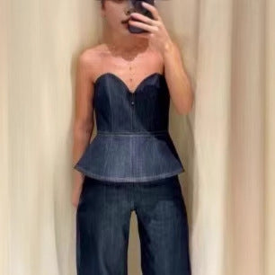 Damen 30+ dreiteiliges Denim-Set: taillierter Blazer, Taillen-Corsage & High-Waist-Jeans Nord Taschen