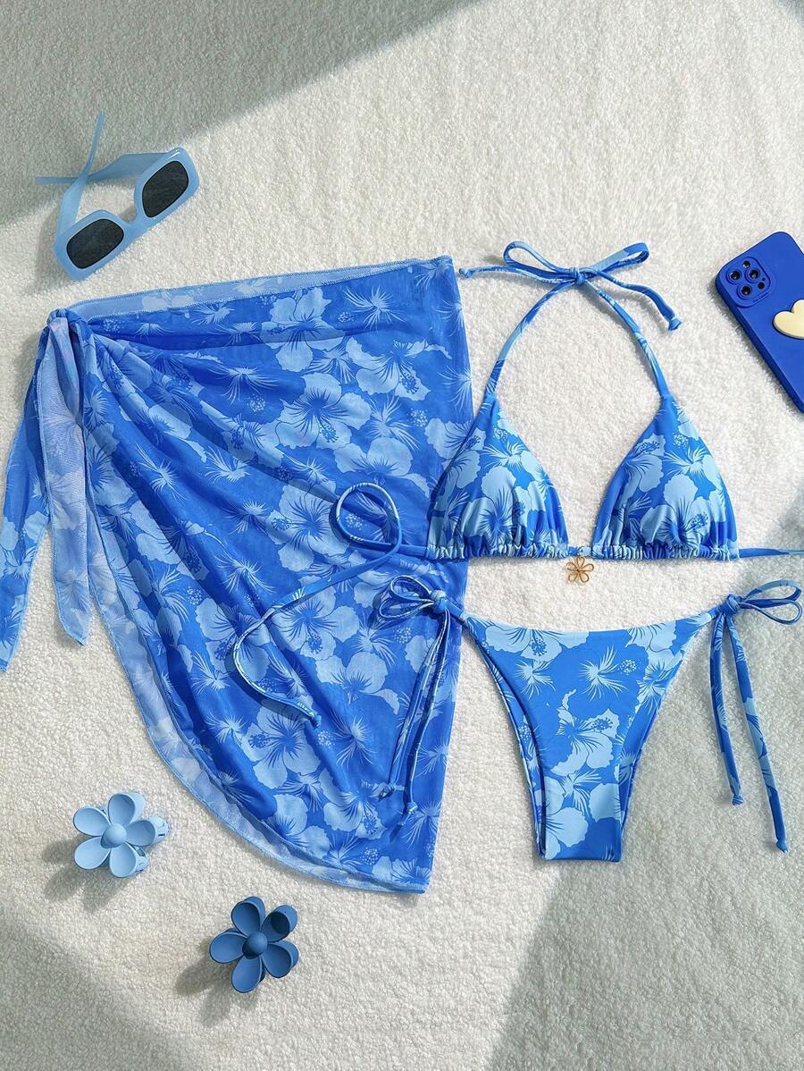Damen Triangel-Bikini-Set mit verstellbaren Trägern und Wickeltuch
