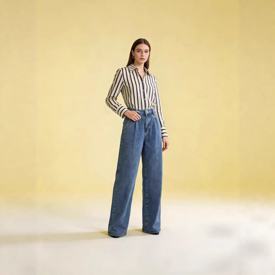 Damen hochgeschnittene Bundfalten-Weitbein-Jeans mit hohem Bund und Gürtelschlaufen Nord Taschen