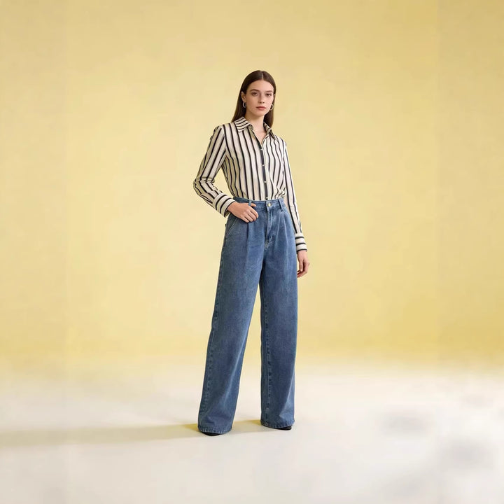 Damen hochgeschnittene Bundfalten-Weitbein-Jeans mit hohem Bund und Gürtelschlaufen Nord Taschen