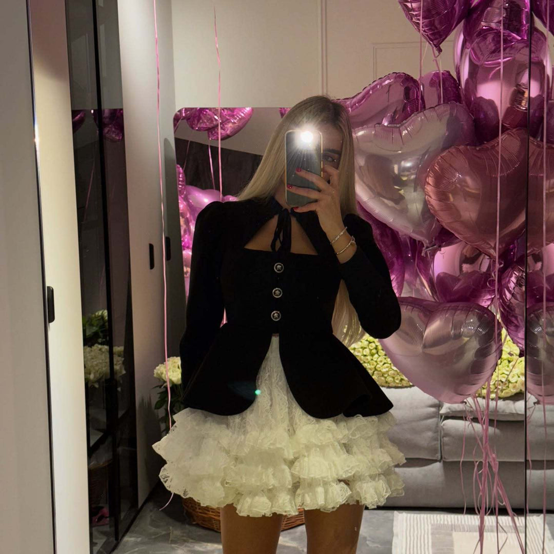 Damen Zweiteiliges Samt‑Blazerkleid mit Schleifenkragen und gestuftem Spitzenrock Nord Taschen