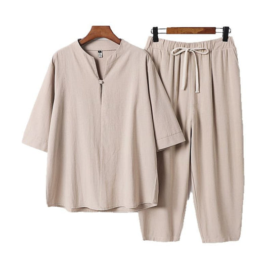 Damen Leichtes Leinen-Baumwoll-Loungewear-Set mit Stehkragen, Dreiviertelärmeln und Gummizugbundhose Nord Taschen