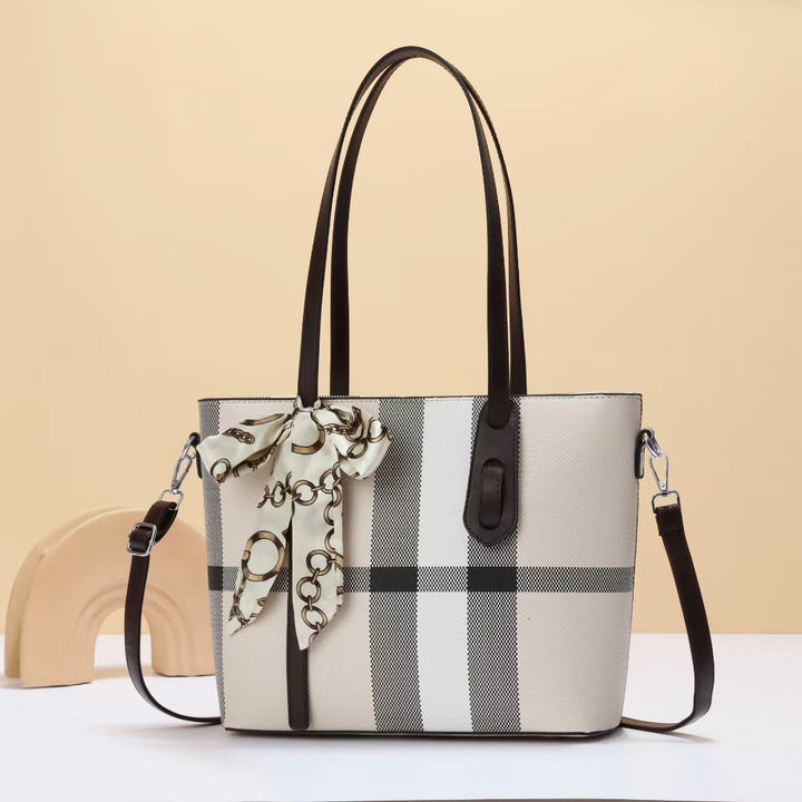 Damen elegante Shopper-Tasche mit modischem Karomuster und abnehmbarem Schal Nord Taschen