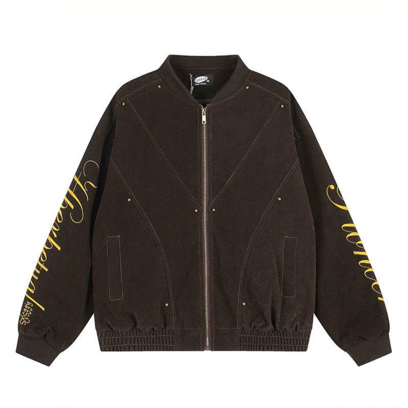 Damen Oversize-Bomberjacke im Velours-Look mit Script-Ärmeln und Metallnieten Nord Taschen