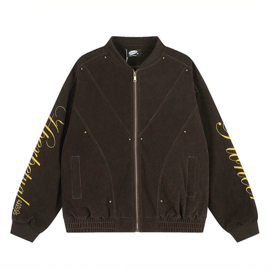 Damen Oversize-Bomberjacke im Velours-Look mit Script-Ärmeln und Metallnieten Nord Taschen