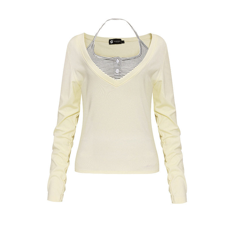 Damen Langarm-Shirt mit doppeltem Layer‑Effekt, tiefem V‑Ausschnitt und gestreiftem Einsatz Nord Taschen
