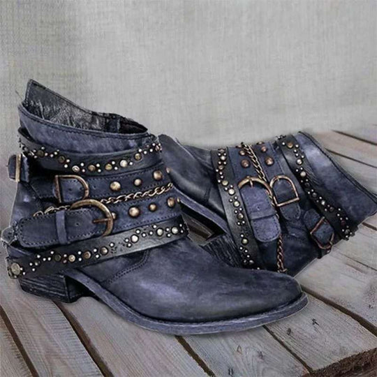 Damen Western‑Ankleboots mit dekorativen Schnallenriemen, Nieten und Ketten Nord Taschen