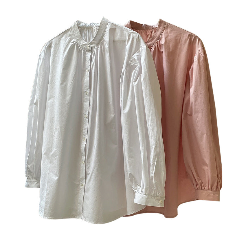 Damen Oversized-Baumwollbluse mit Stehkragen und Ballonärmeln Nord Taschen