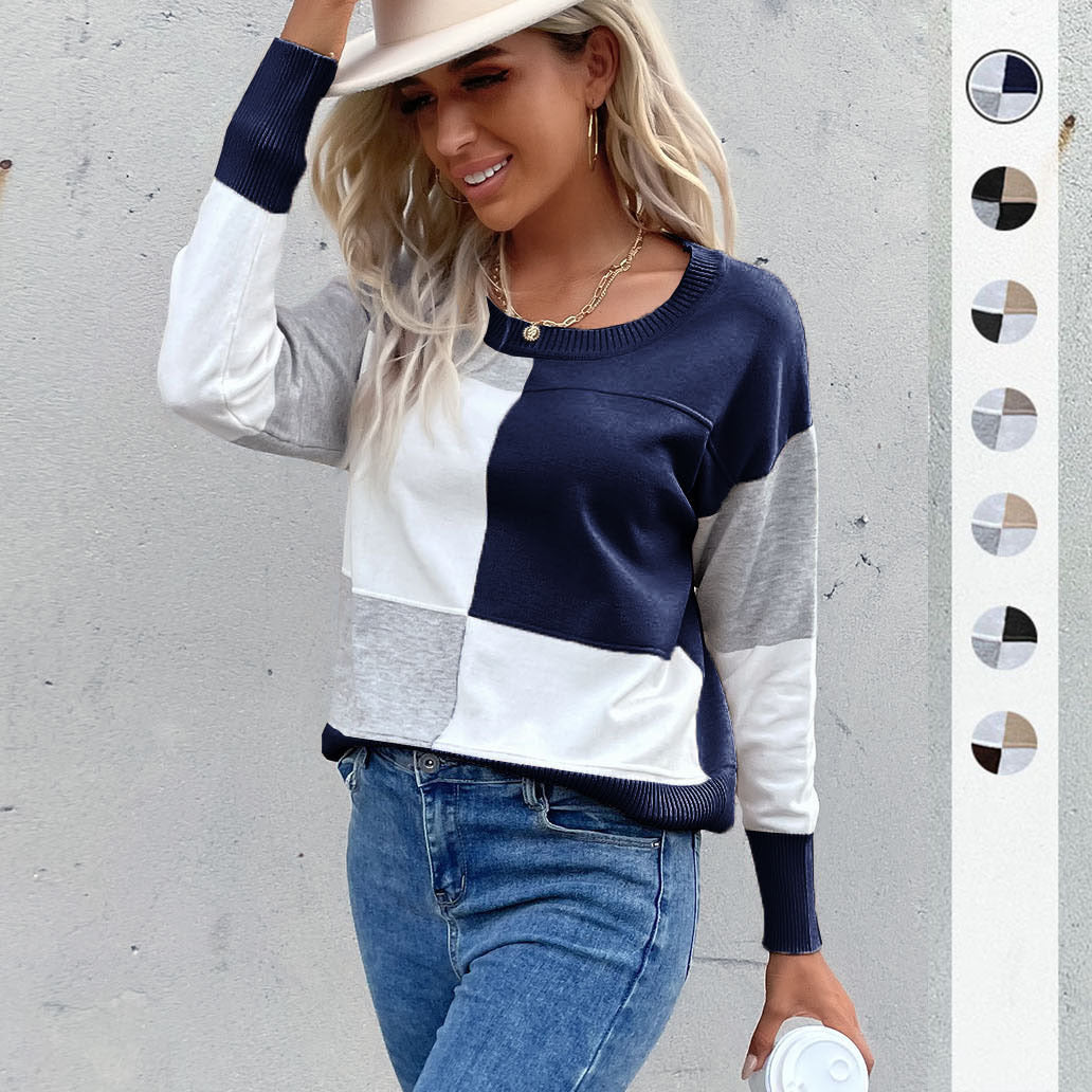 Damen Legerer Feinstrick-Pullover im Blockkaro mit geripptem Saum und lässiger Passform Nord Taschen