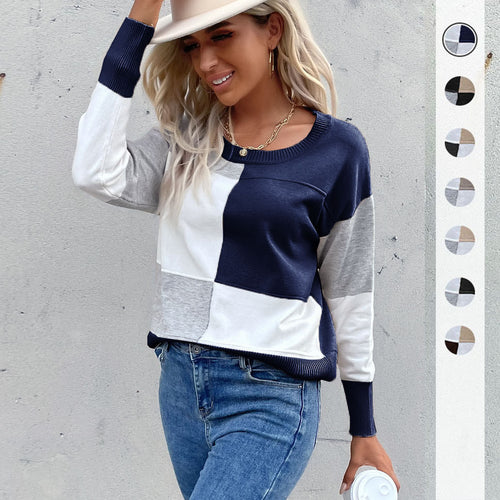 Damen Legerer Feinstrick-Pullover im Blockkaro mit geripptem Saum und lässiger Passform Nord Taschen