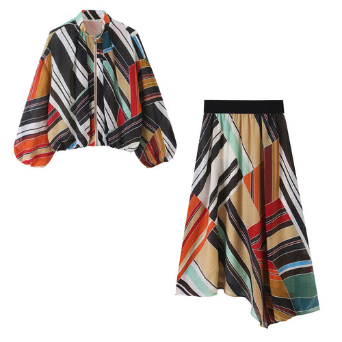 Damen Leichte Oversize-Bomberjacke mit geometrischem Print, Ballonärmeln und Reißverschluss Nord Taschen