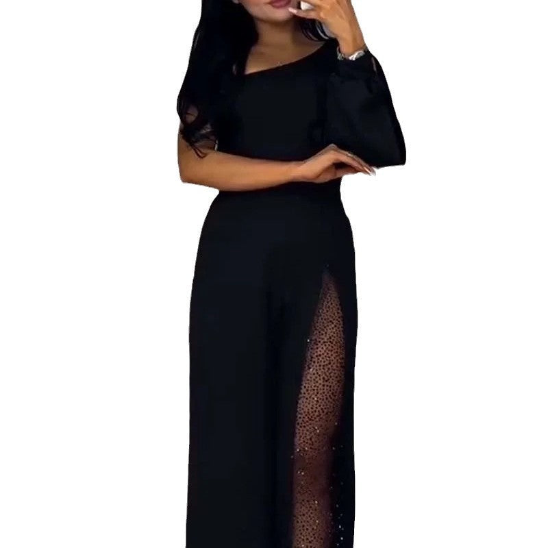 Asymmetrischer einseitiger Damen-Jumpsuit mit Paillettenpanel