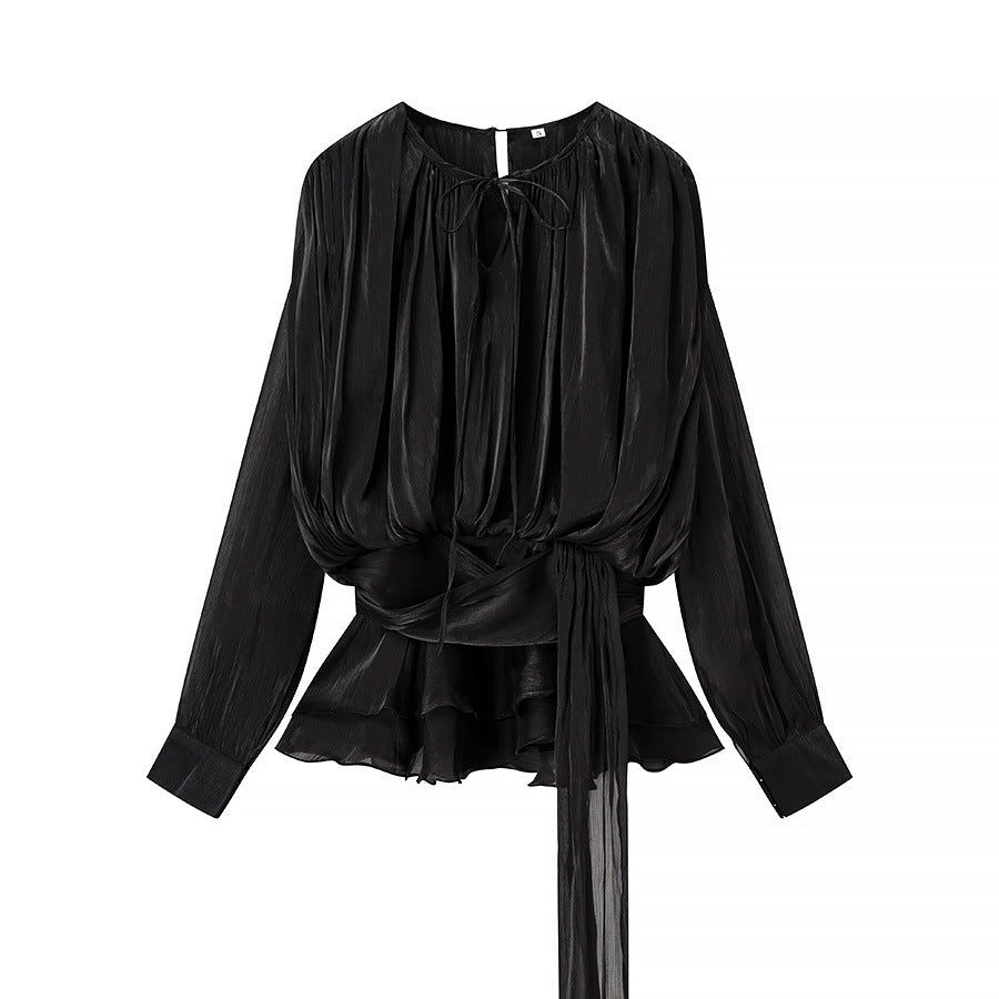 Damen Chiffon-Bluse mit geraffter Taille, Wickelband und Volant-Saum Nord Taschen