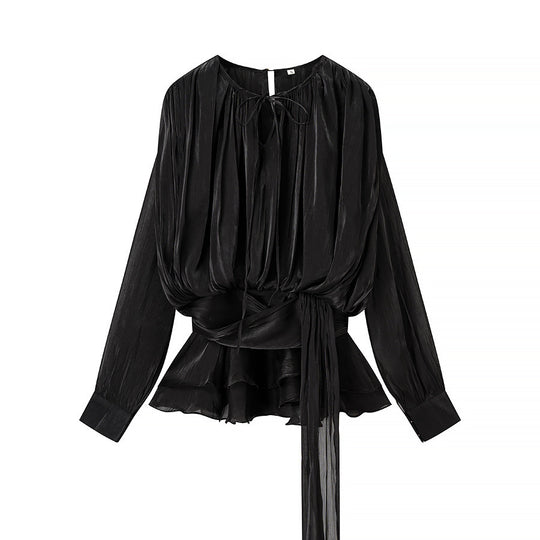 Damen Chiffon-Bluse mit geraffter Taille, Wickelband und Volant-Saum Nord Taschen