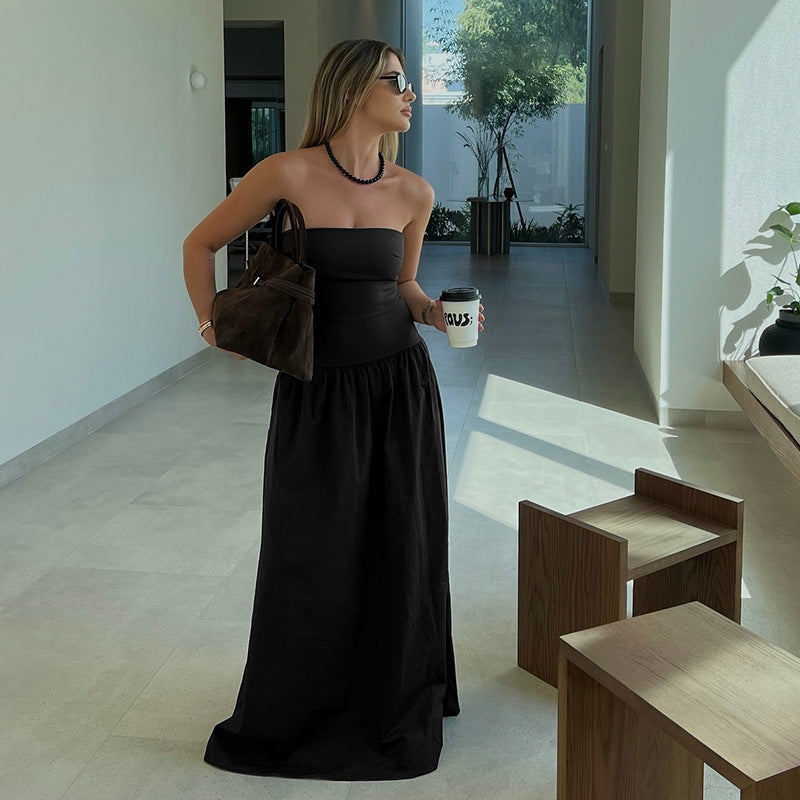 Damen elegantes Bandeau-Maxi-Kleid mit schwingendem Rock und elastischem Bund