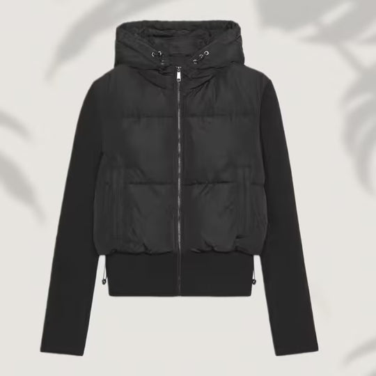 Damen Kurz geschnittene Hybrid-Steppjacke mit Kapuze, Rippbündchen und Tunnelzug Nord Taschen