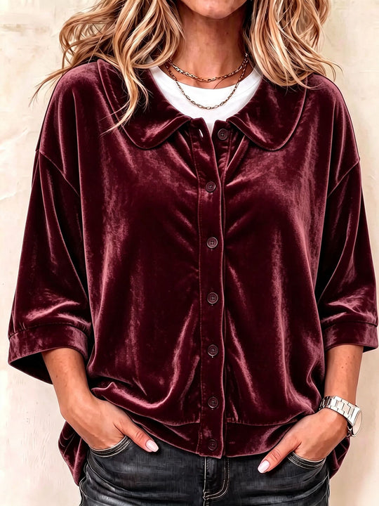 Damen Oversize- samtbluse mit Knopfleiste und rundem Bubikragen Nord Taschen