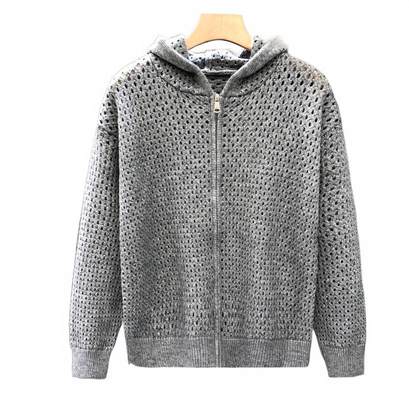 Unisex Leichte Lochstrick-Kapuzenzipjacke mit Ajourmuster Nord Taschen