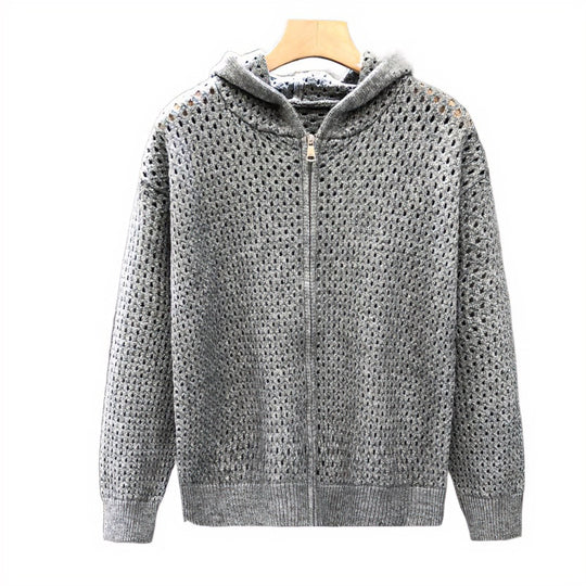 Unisex Leichte Lochstrick-Kapuzenzipjacke mit Ajourmuster Nord Taschen