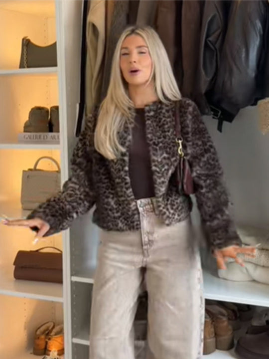 Damen Kurz geschnittener Kunstpelz-Blouson mit Leoprint und kastiger Silhouette Nord Taschen