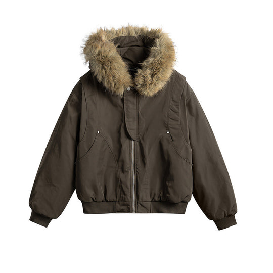 Damen Kurze isolierte Field-Bomberjacke mit Kapuze und abnehmbarem Kunstfellbesatz Nord Taschen