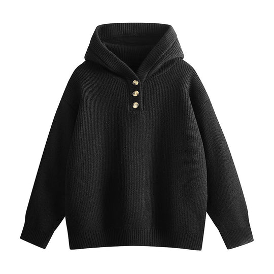 Damen Relaxed Kapuzenpullover aus geripptem Strick mit Halbsteg-Knopfleiste Nord Taschen