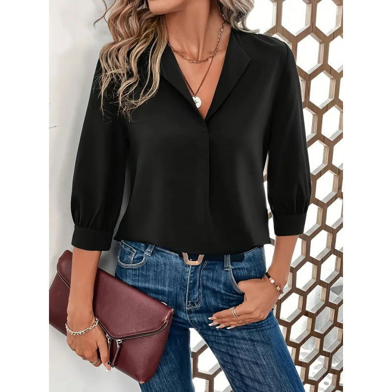 Damen Elegante ViskosNord Taschenluse mit 3/4-Ärmeln und V-Ausschnitt