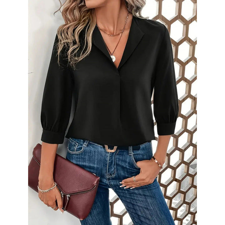 Damen Elegante ViskosNord Taschenluse mit 3/4-Ärmeln und V-Ausschnitt