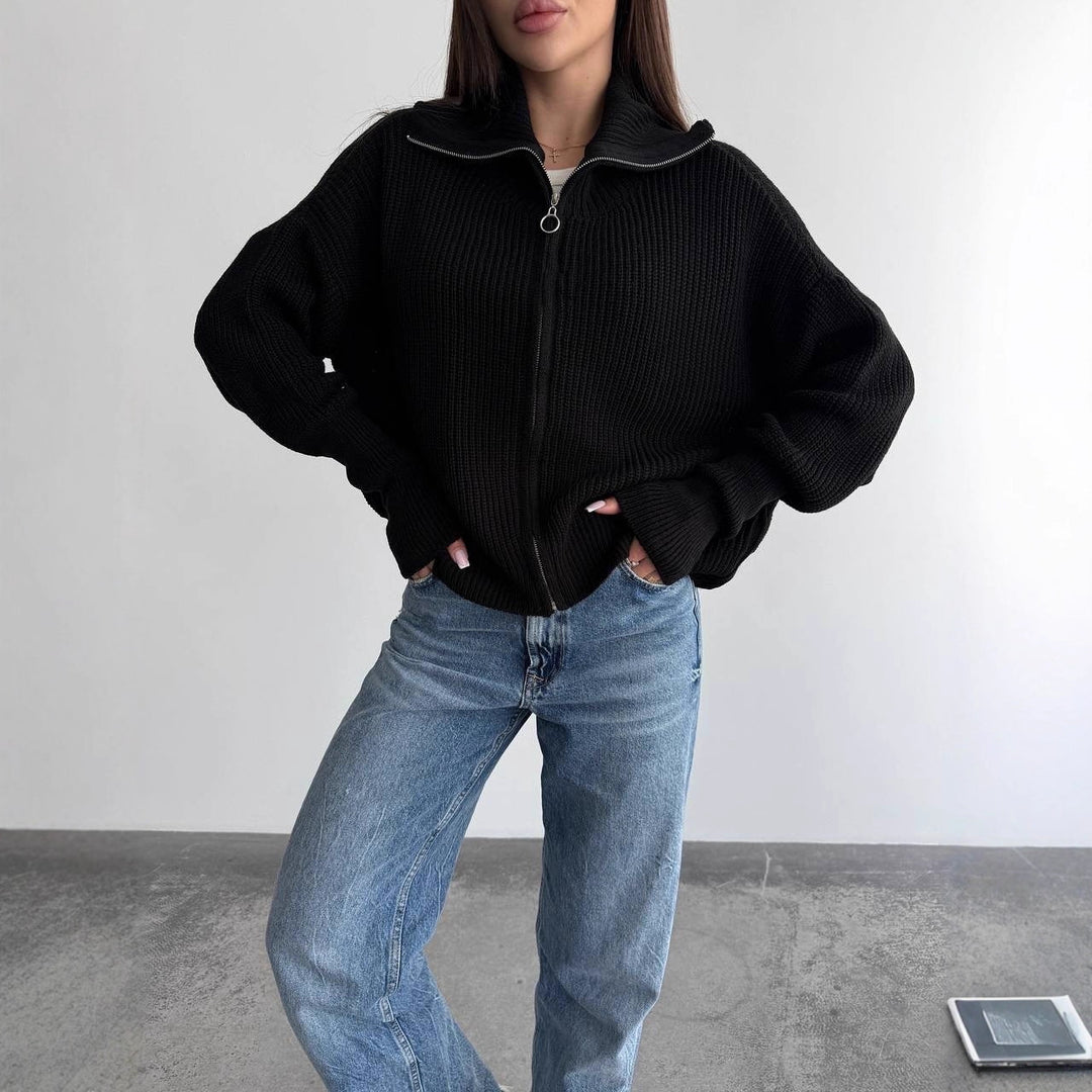 Damen Grobstrick-Zipper-Cardigan mit Ballonärmeln und Stehkragen Nord Taschen
