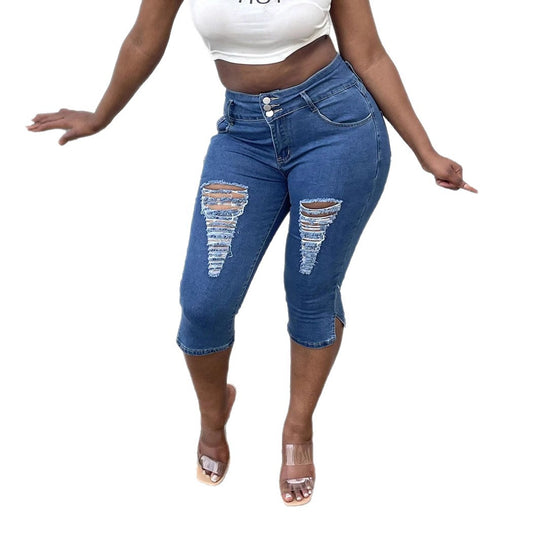 Damen Hochtaillierte, dreiviertellange Stretch-Jeans mit Destroyed-Einsätzen und seitlichem Saumschlitz Nord Taschen