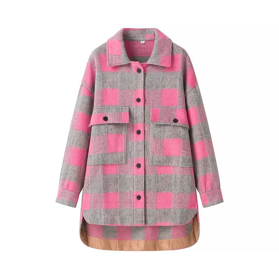 Damen Oversize-Karo‑Teddyjacke mit verlängertem Rückenteil und aufgesetzten Brusttaschen Nord Taschen