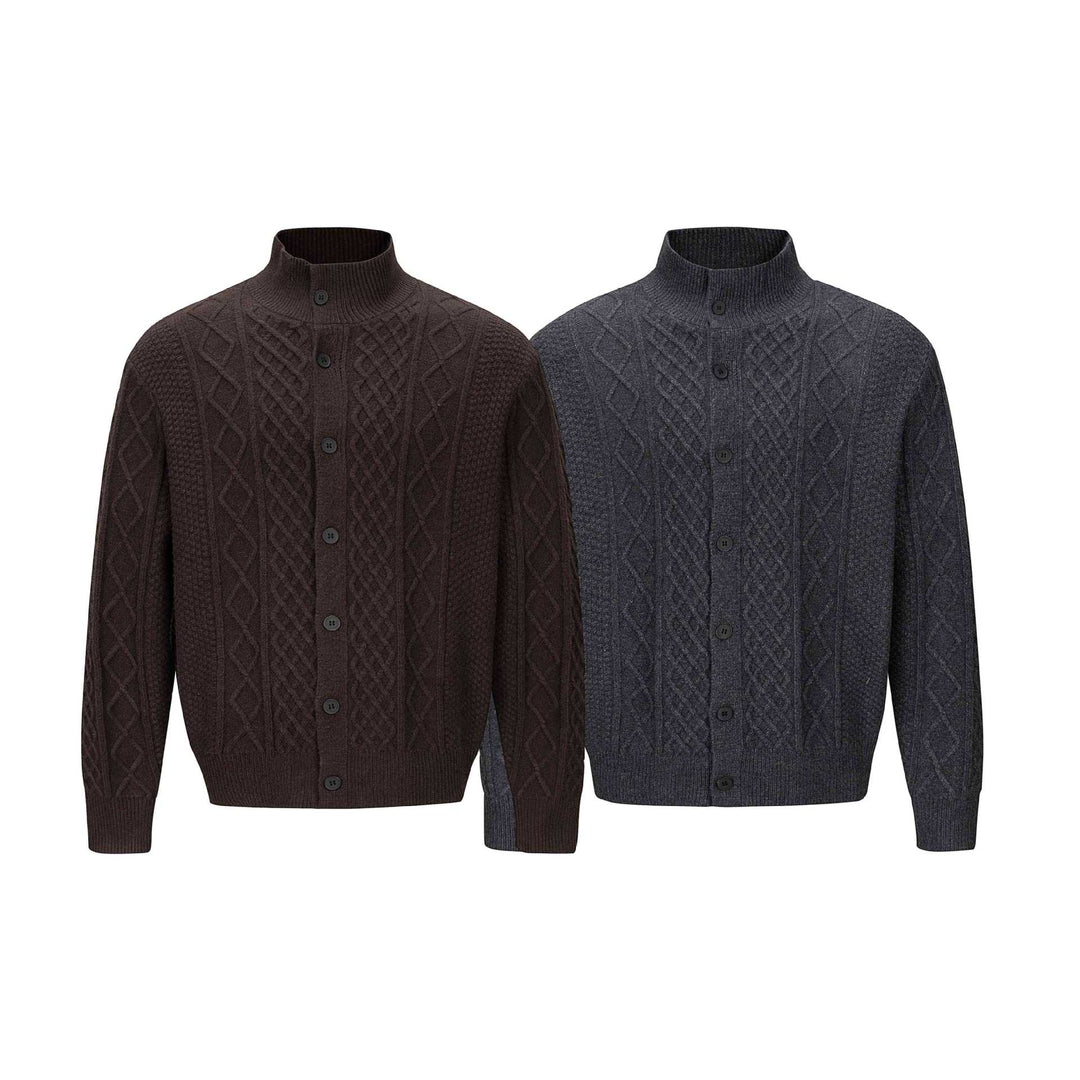 Herren Strickcardigan mit Zopfmuster, Stehkragen und knöpfbarer Front Nord Taschen