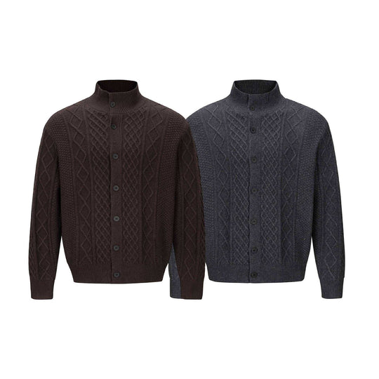 Herren Strickcardigan mit Zopfmuster, Stehkragen und knöpfbarer Front Nord Taschen