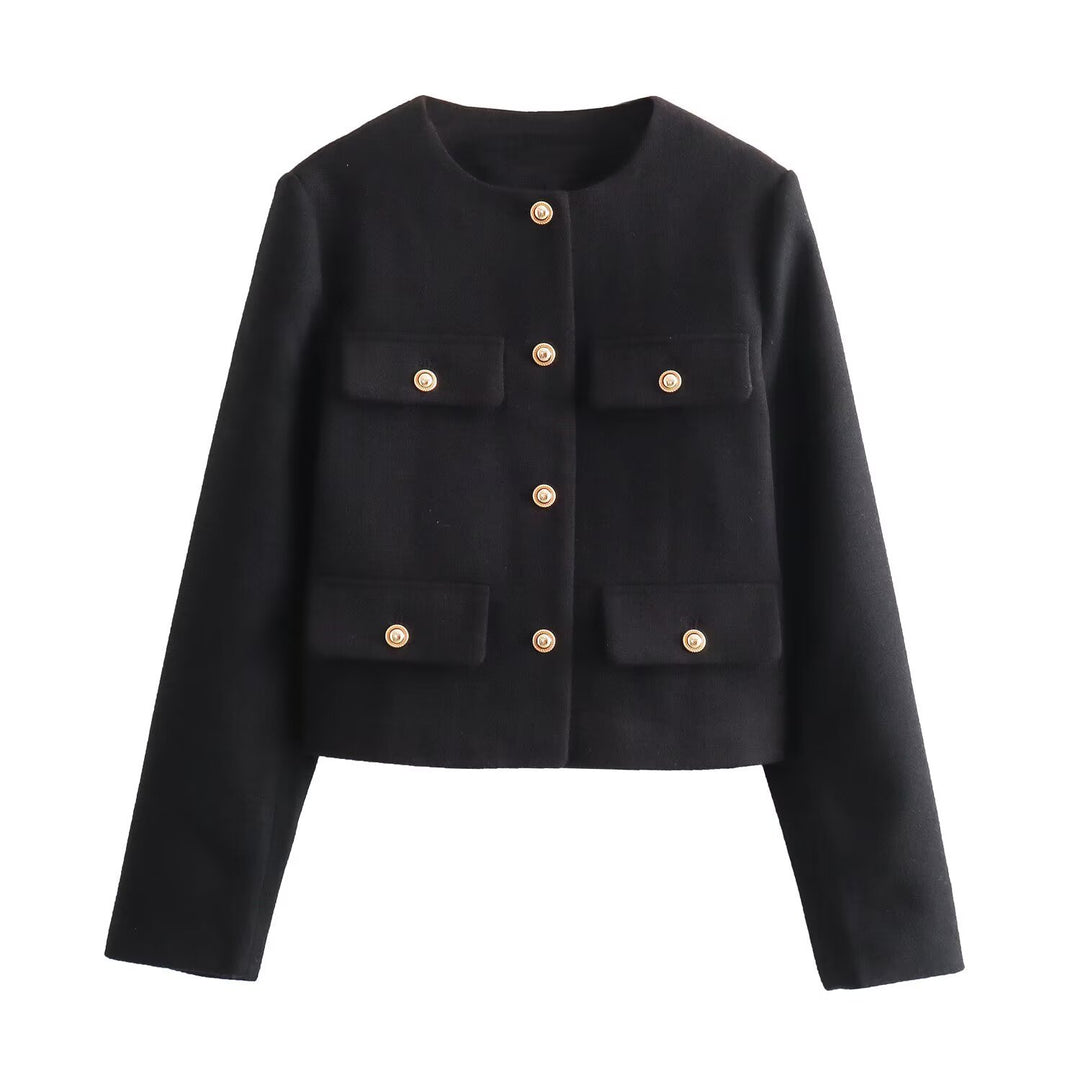 Damen Bouclé-Cropped-Jacke mit vier Pattentaschen und goldenen Schmuckknöpfen Nord Taschen