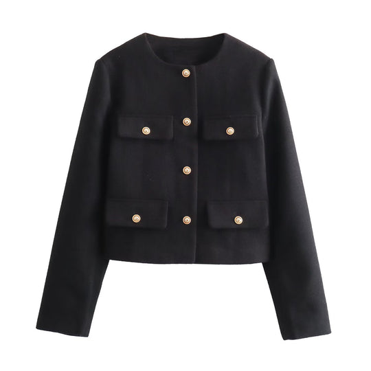 Damen Bouclé-Cropped-Jacke mit vier Pattentaschen und goldenen Schmuckknöpfen Nord Taschen